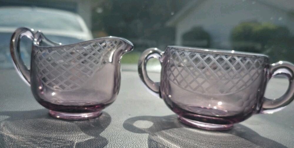 Vintage Amethyst Cut Etched Glass Creamer Sugar Set Floral Elegant Purple